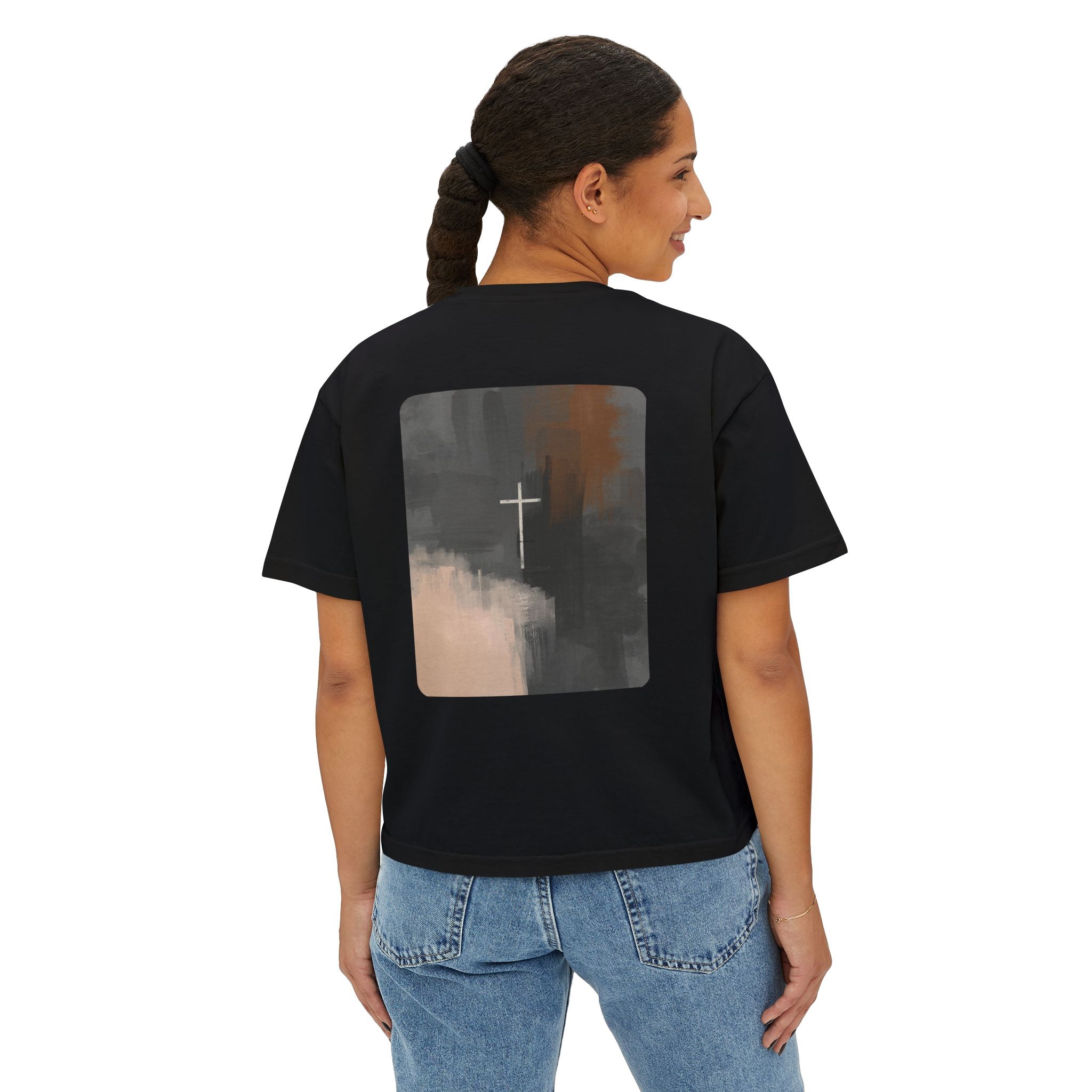 Women's Boxy Tee -Minimalist Cross on Back