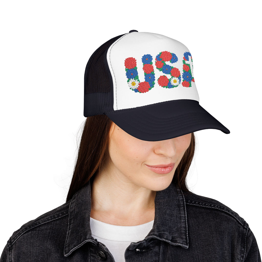 USA Floral Cross Trucker Hat
