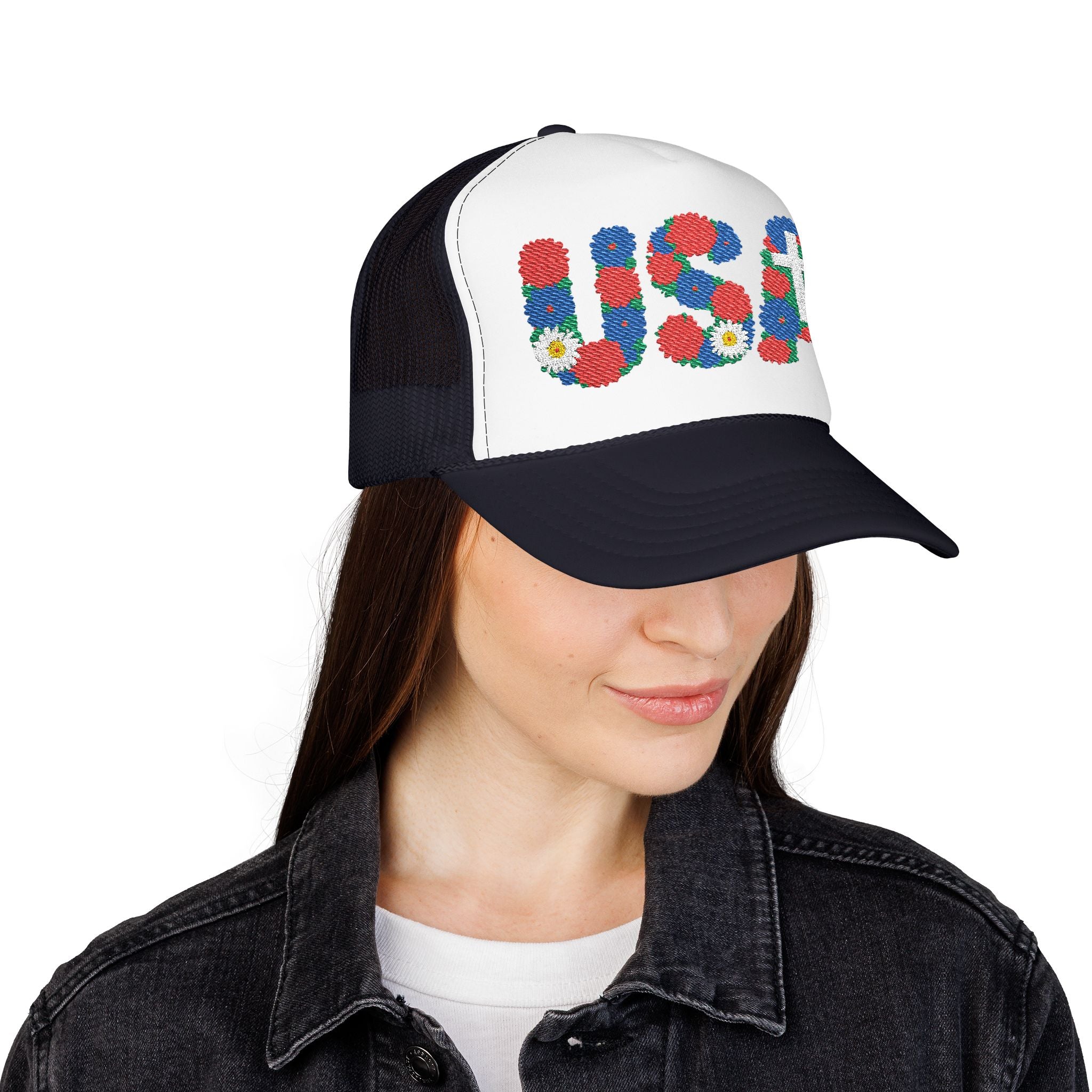 USA Floral Cross Trucker Hat