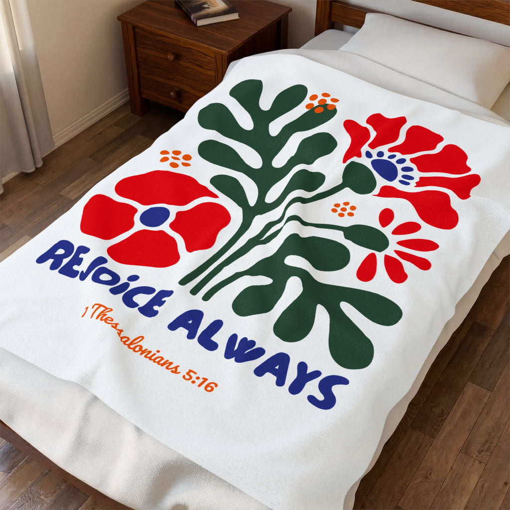 Velveteen Plush Blanket — Rejoice Always Floral Scripture Throw (1 Thessalonians 5:16)
