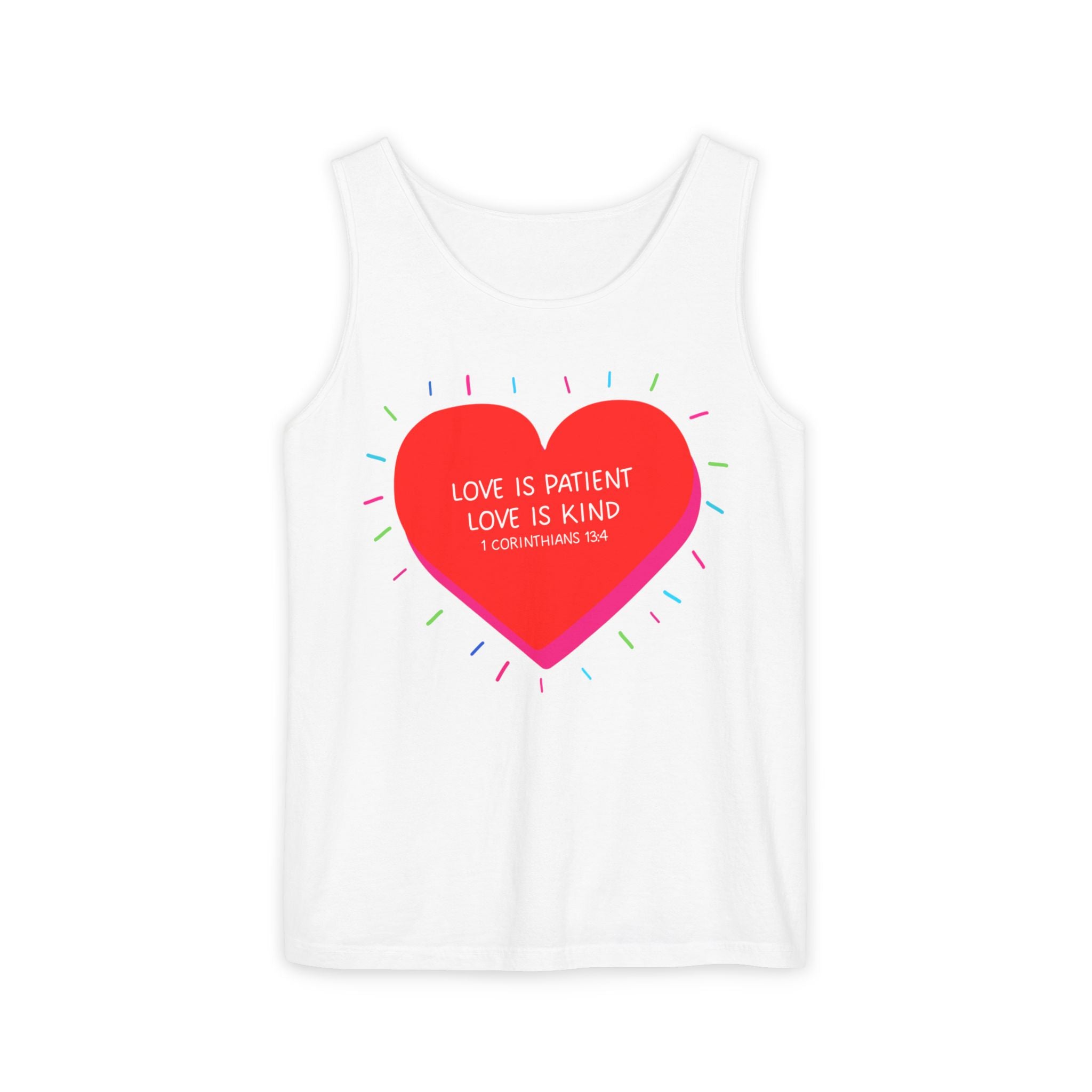 Love Is Patient Love Is Kind Heart Tank Top — Inspirational Scripture Graphic Tank