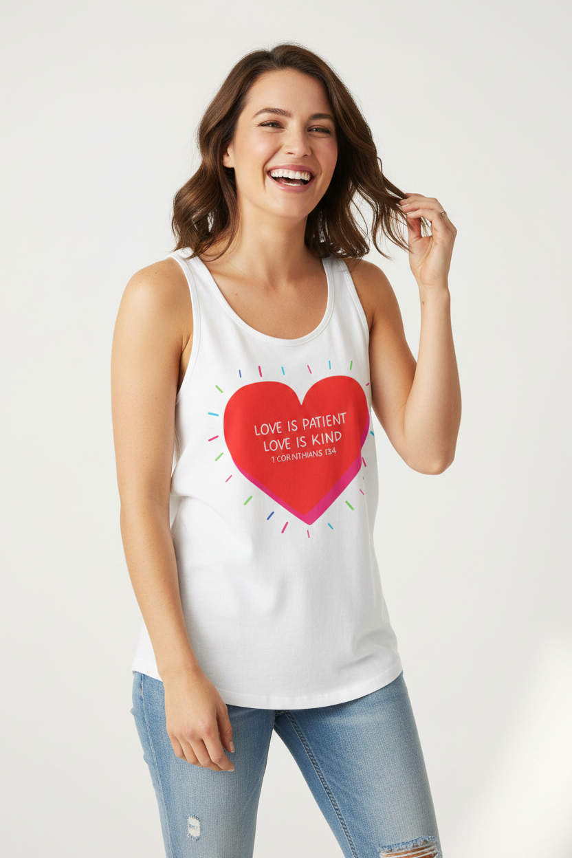 Love Is Patient Love Is Kind Heart Tank Top — Inspirational Scripture Graphic Tank