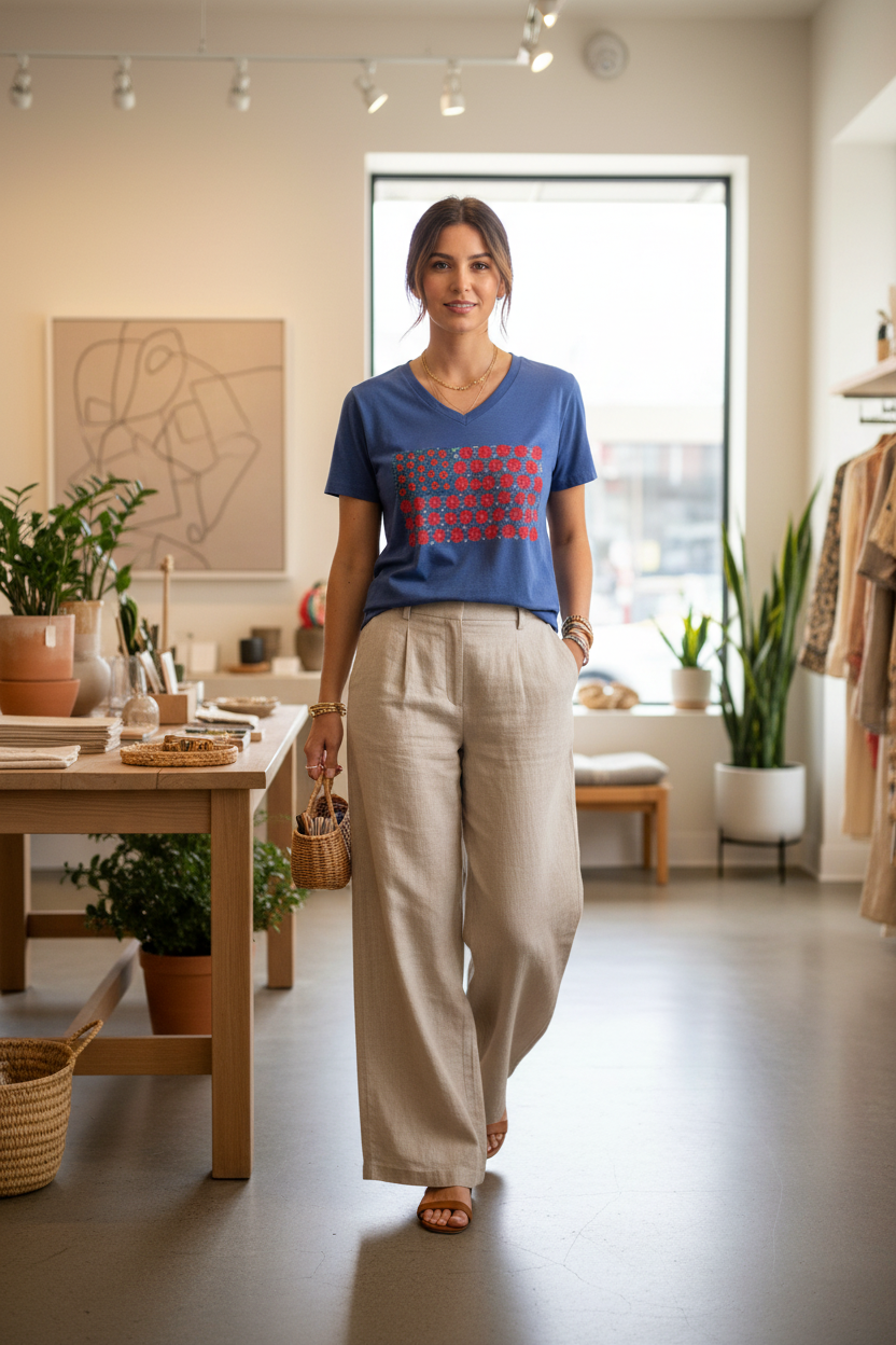 USA Flower Flag V-Neck Tee