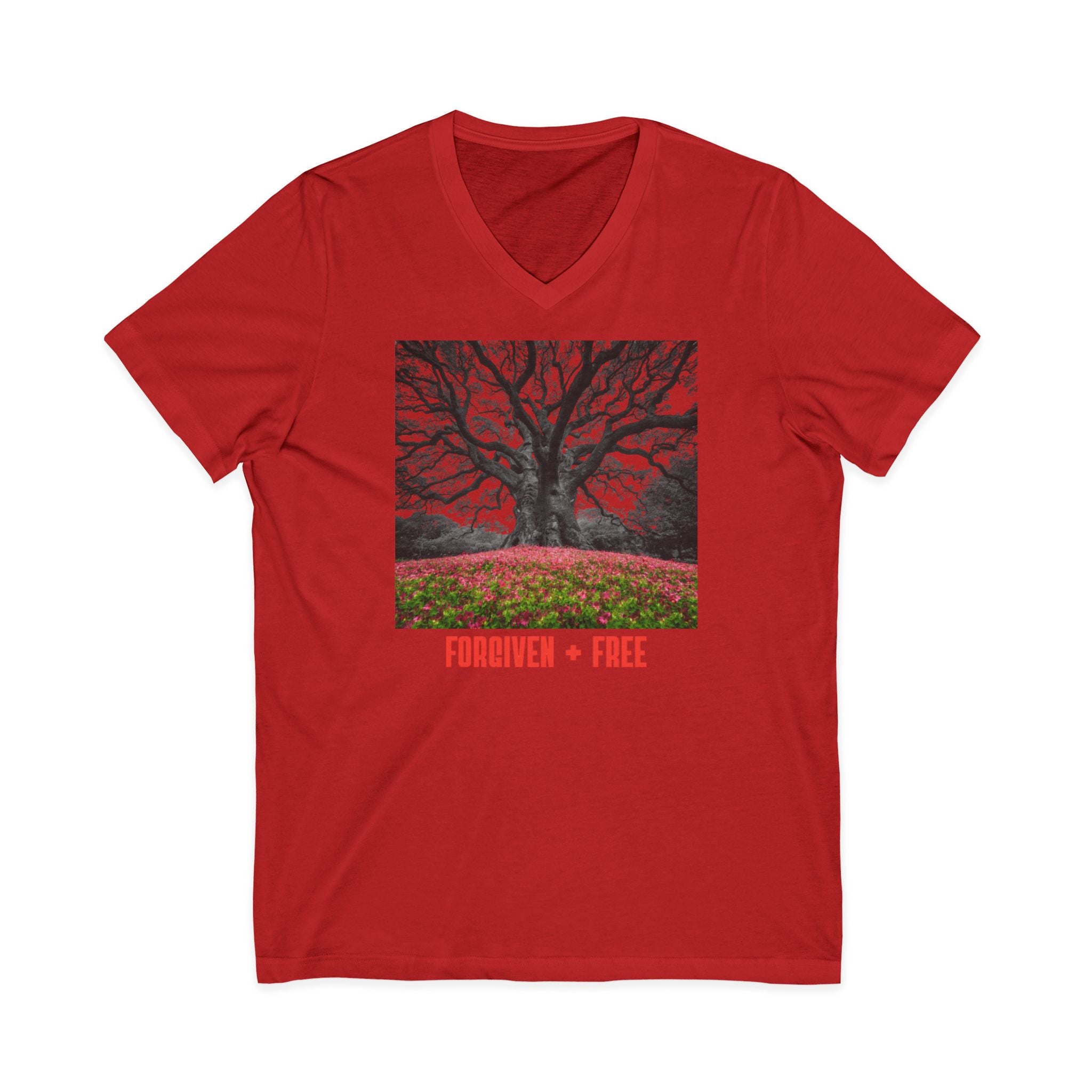 Forgiven + Free V-Neck Tee — Inspirational Tree Graphic Shirt