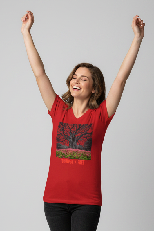 Forgiven + Free V-Neck Tee — Inspirational Tree Graphic Shirt