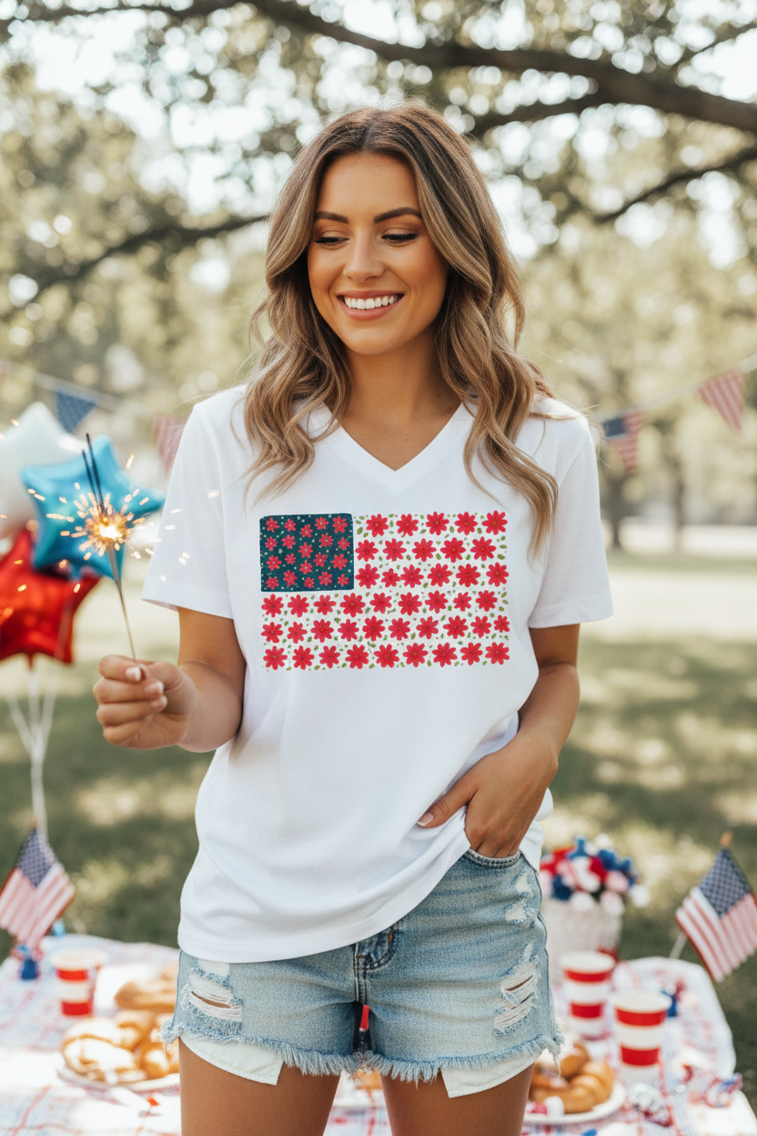 USA Flower Flag V-Neck Tee