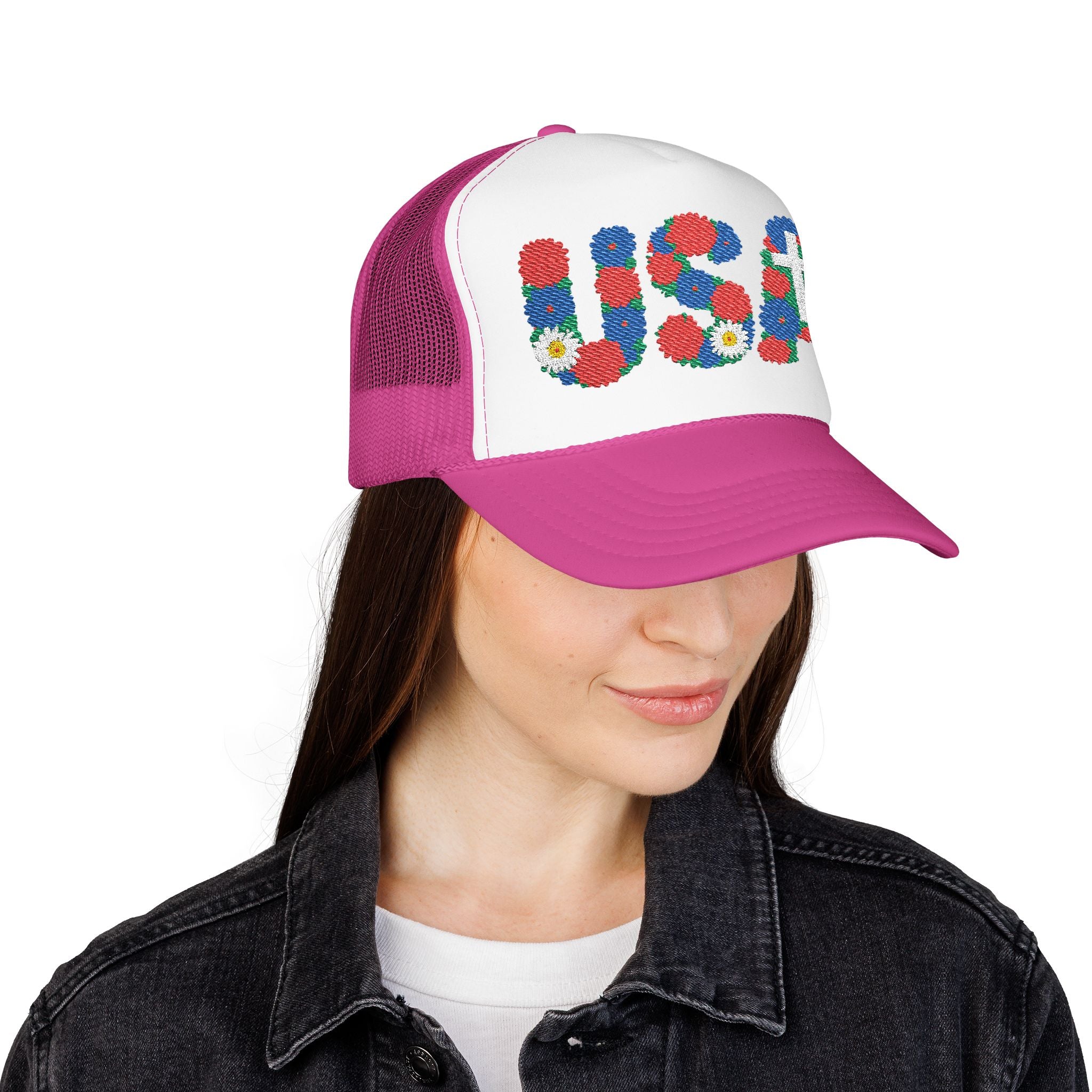 USA Floral Cross Trucker Hat