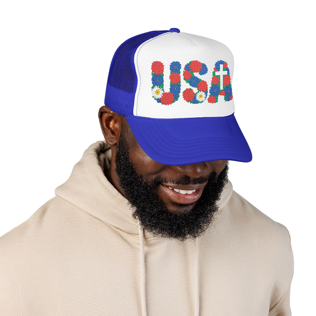 USA Floral Cross Trucker Hat