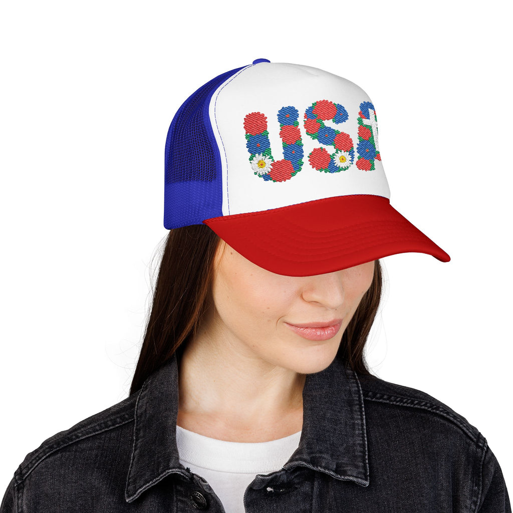 USA Floral Cross Trucker Hat