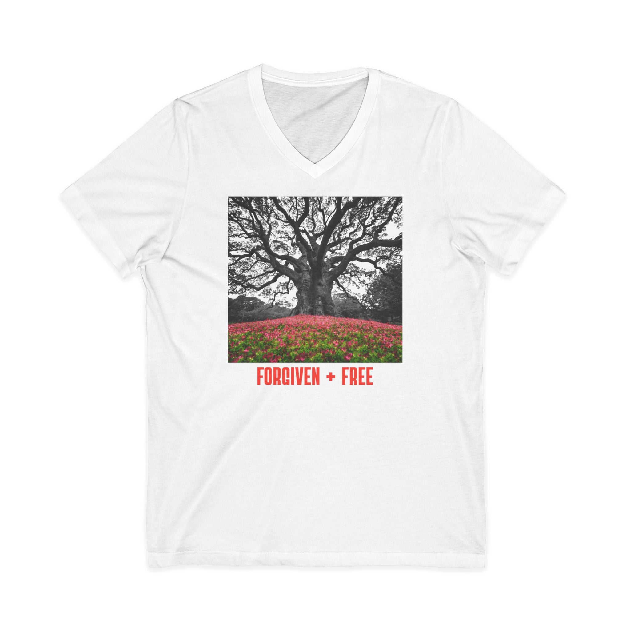 Forgiven + Free V-Neck Tee — Inspirational Tree Graphic Shirt