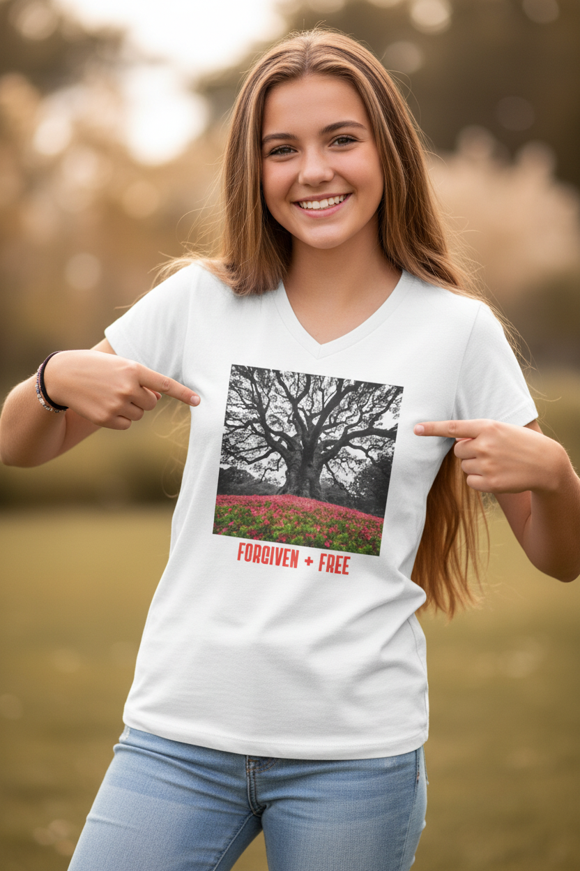 Forgiven + Free V-Neck Tee — Inspirational Tree Graphic Shirt