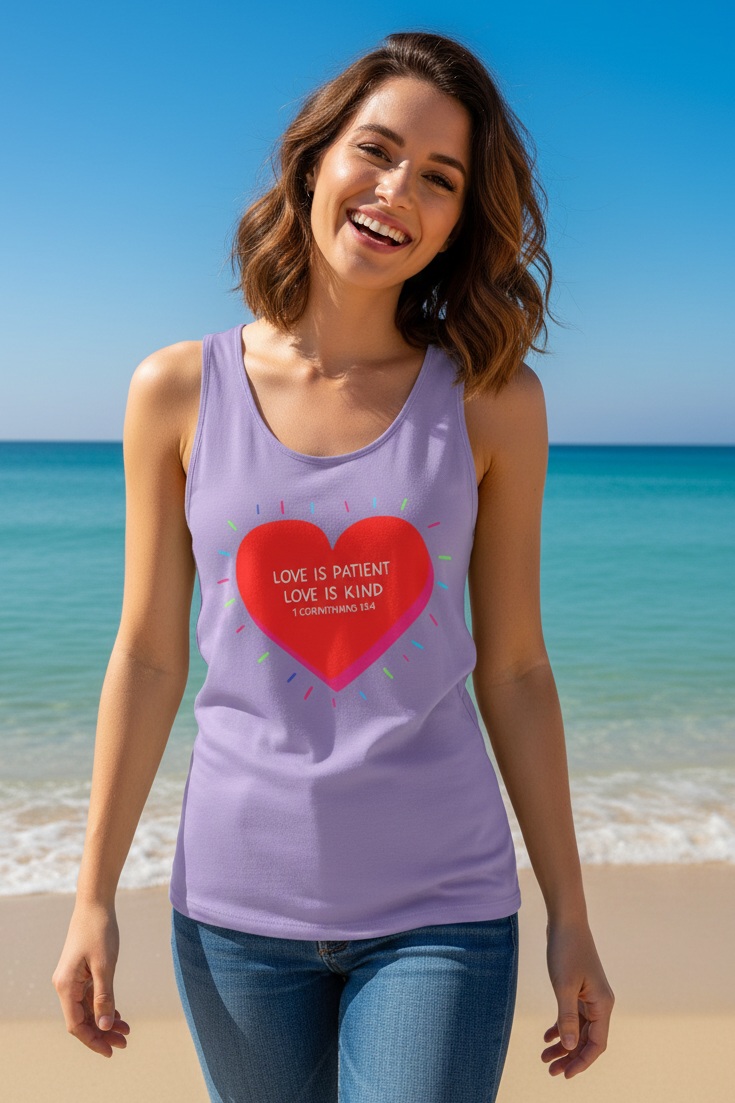 Love Is Patient Love Is Kind Heart Tank Top — Inspirational Scripture Graphic Tank