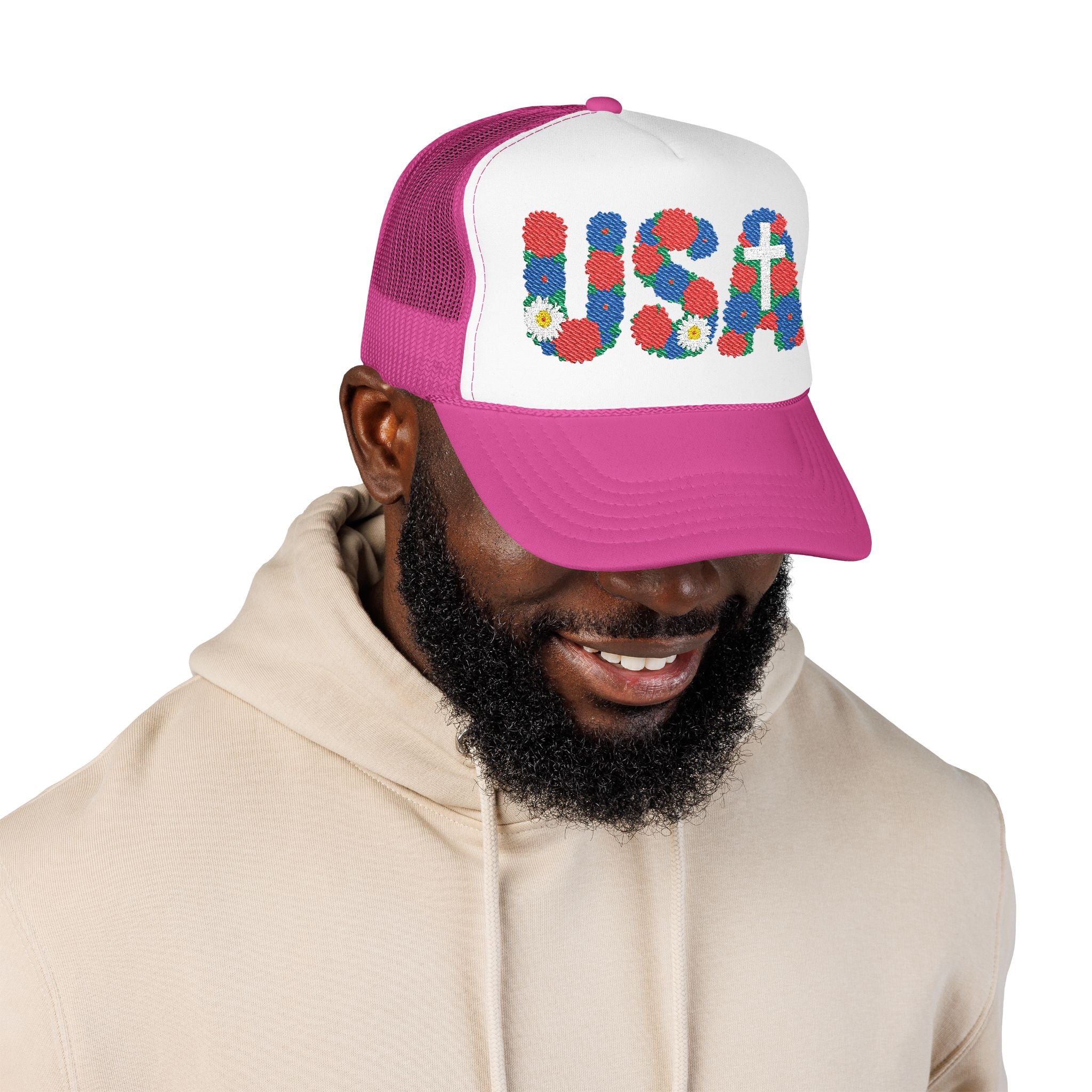 USA Floral Cross Trucker Hat