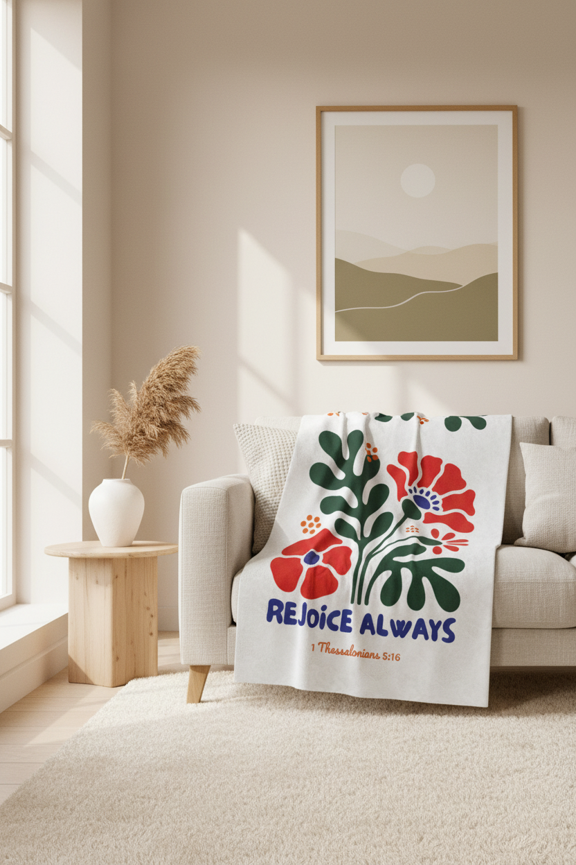 Velveteen Plush Blanket — Rejoice Always Floral Scripture Throw (1 Thessalonians 5:16)