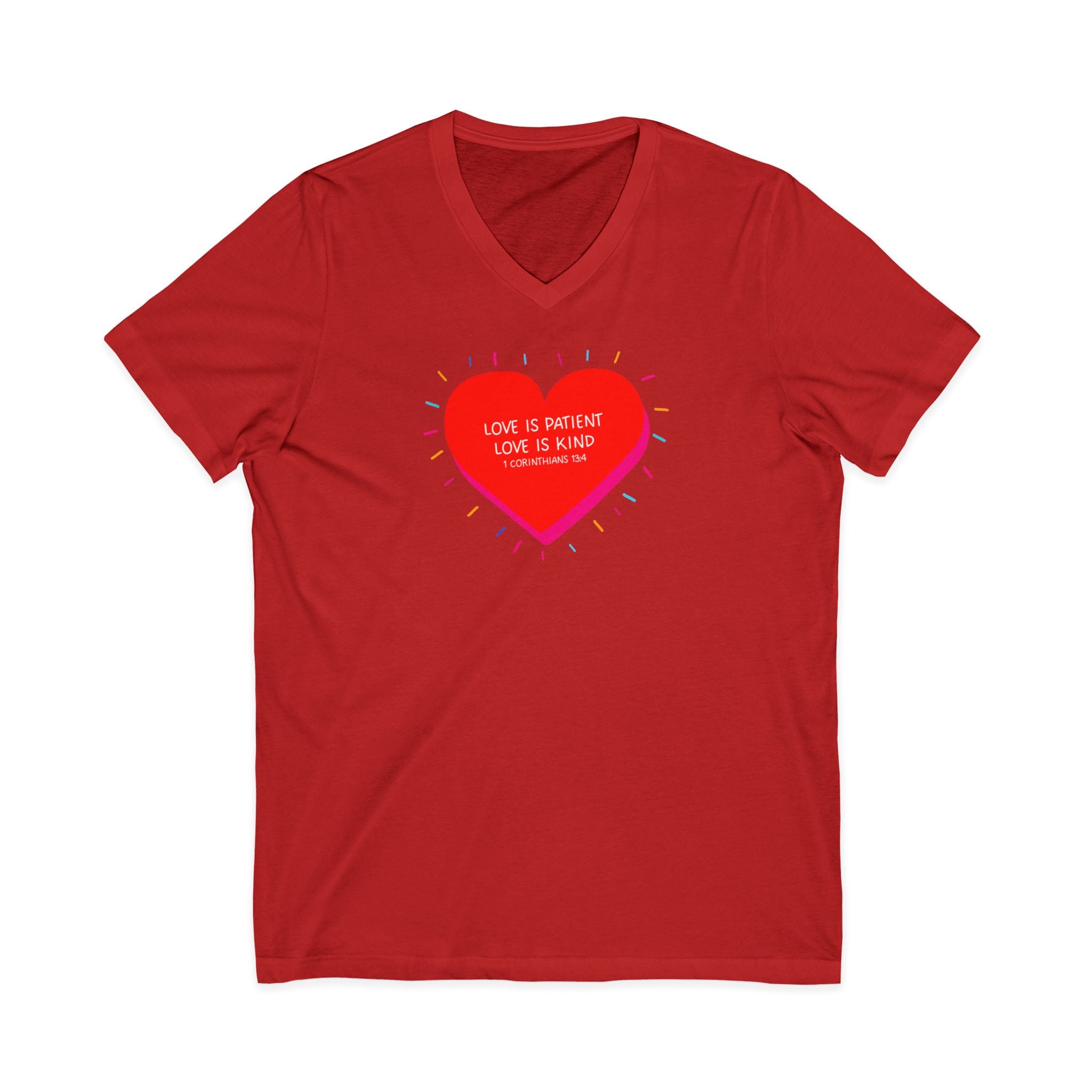 Love Is Patient Heart V-Neck Tee — 1 Corinthians 13 Inspirational Christian T-Shirt