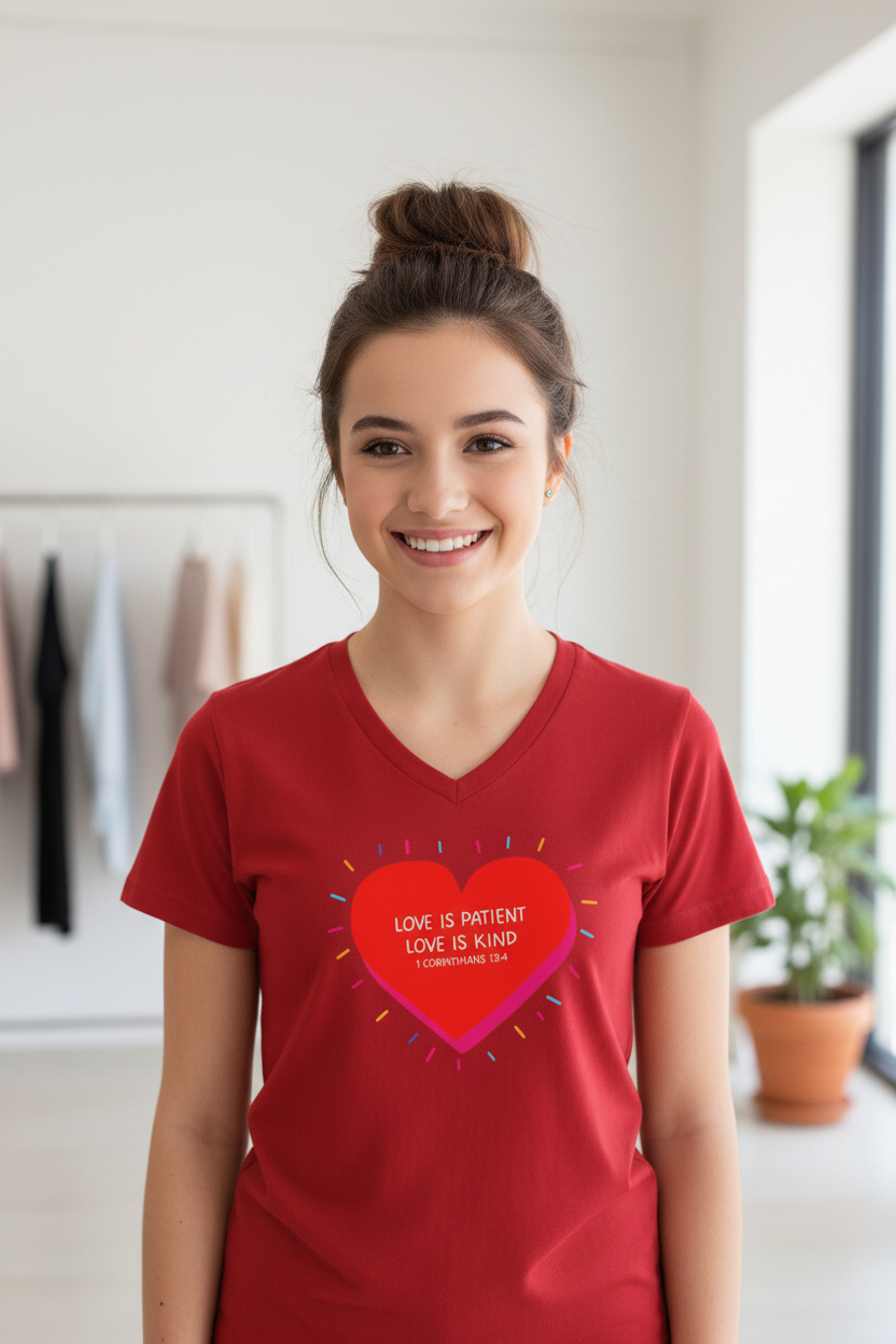 Love Is Patient Heart V-Neck Tee — 1 Corinthians 13 Inspirational Christian T-Shirt