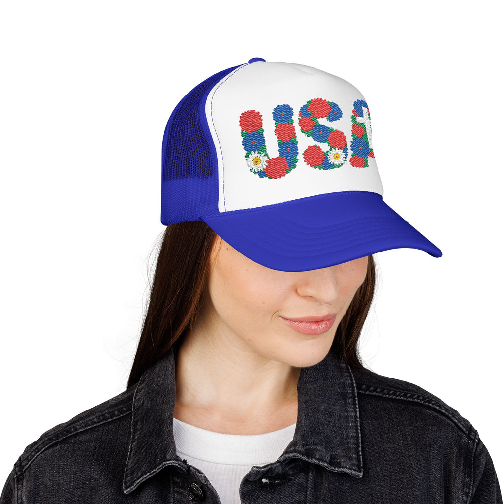USA Floral Cross Trucker Hat