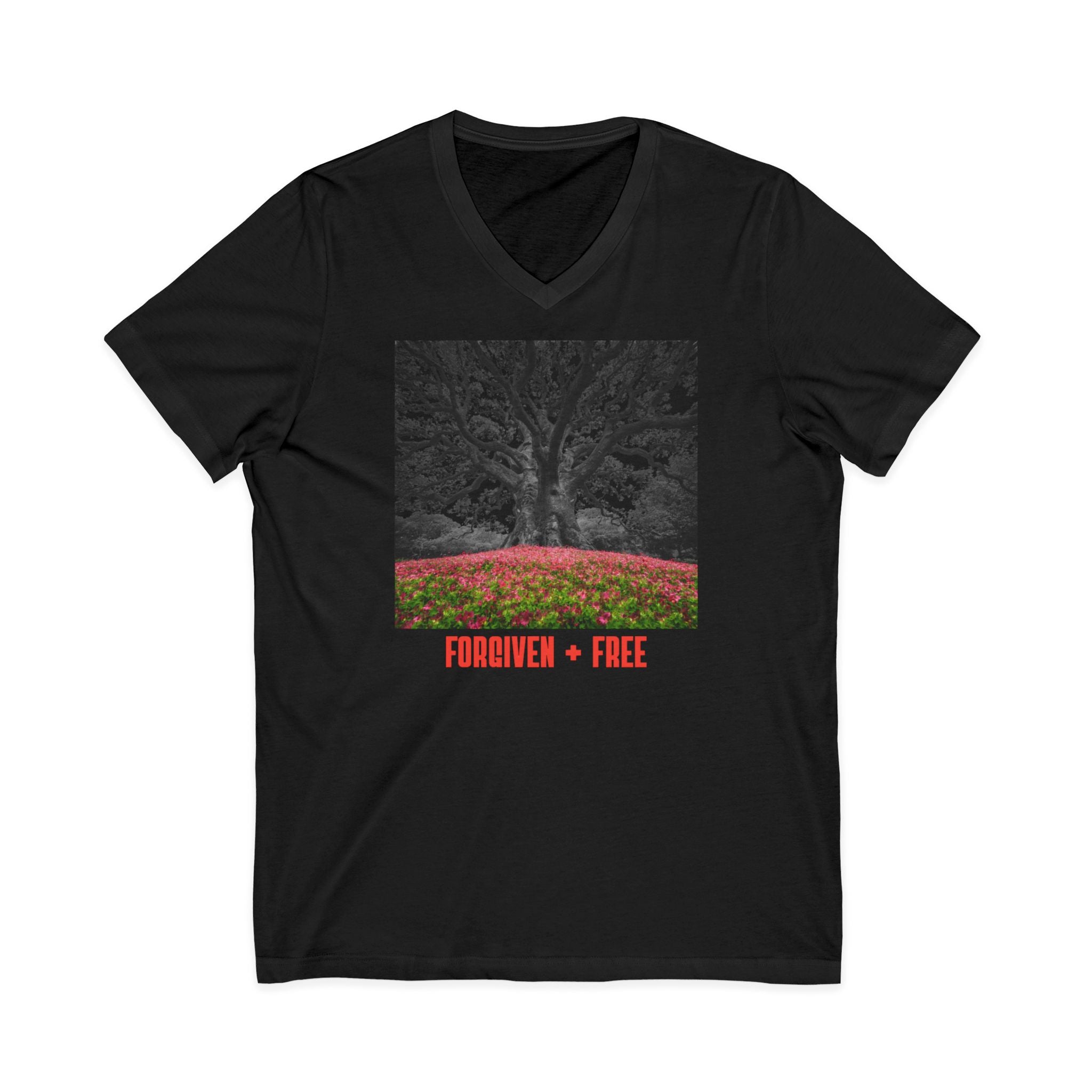 Forgiven + Free V-Neck Tee — Inspirational Tree Graphic Shirt