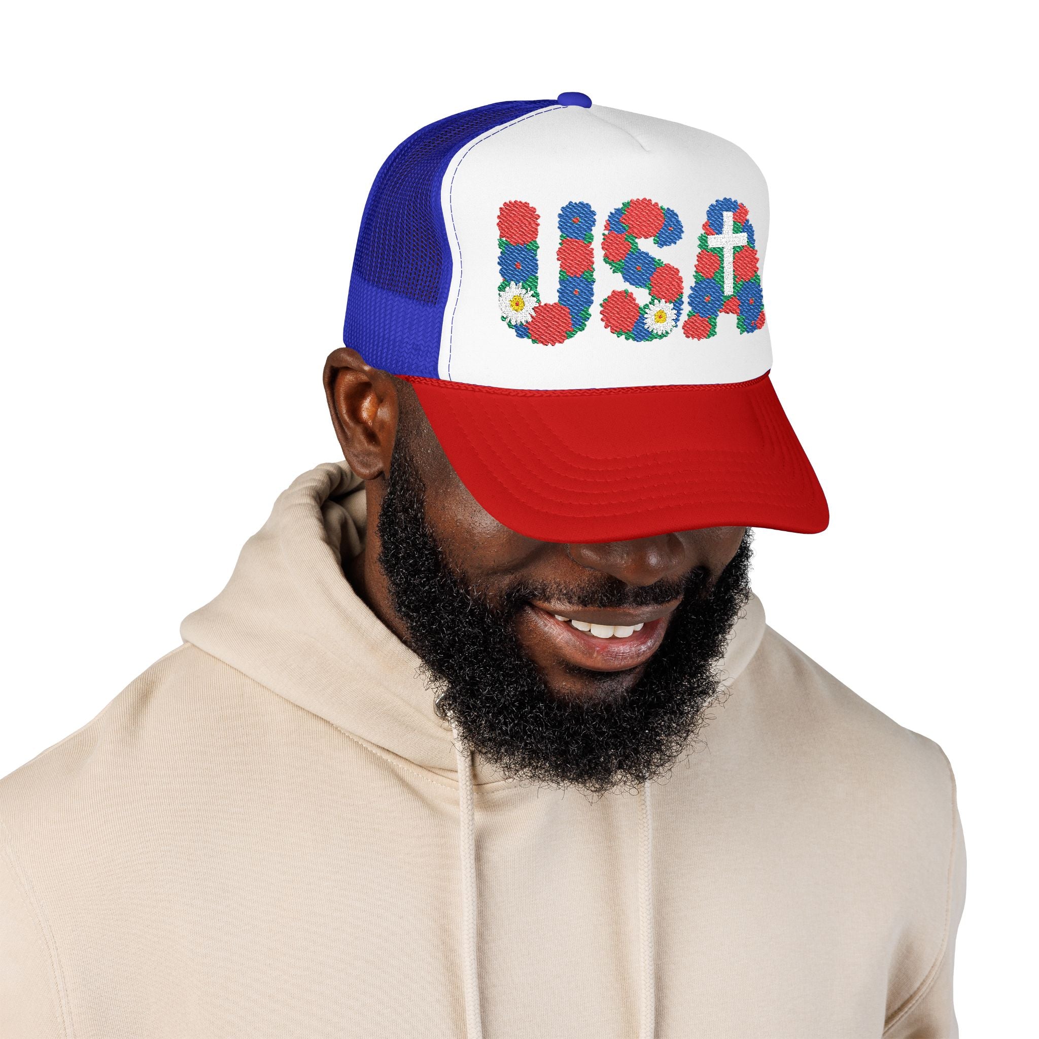 USA Floral Cross Trucker Hat