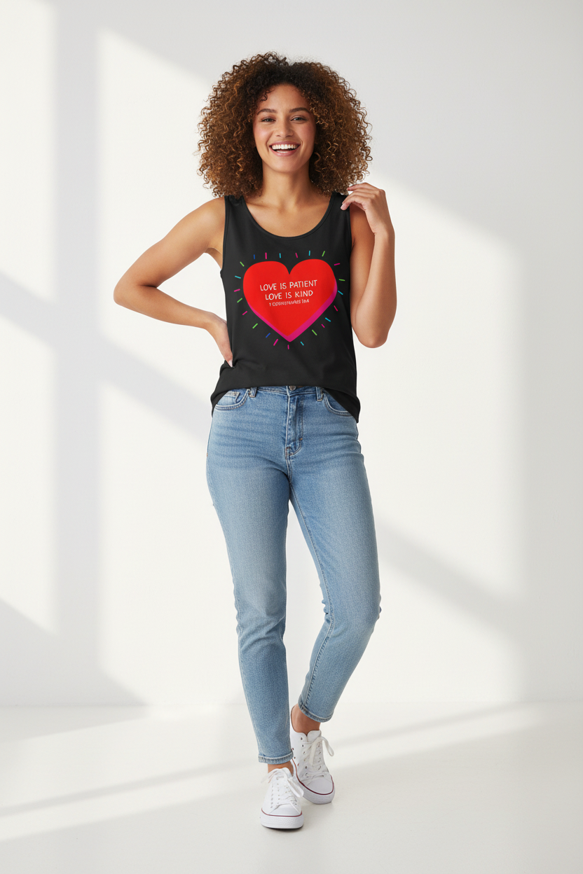 Love Is Patient Love Is Kind Heart Tank Top — Inspirational Scripture Graphic Tank