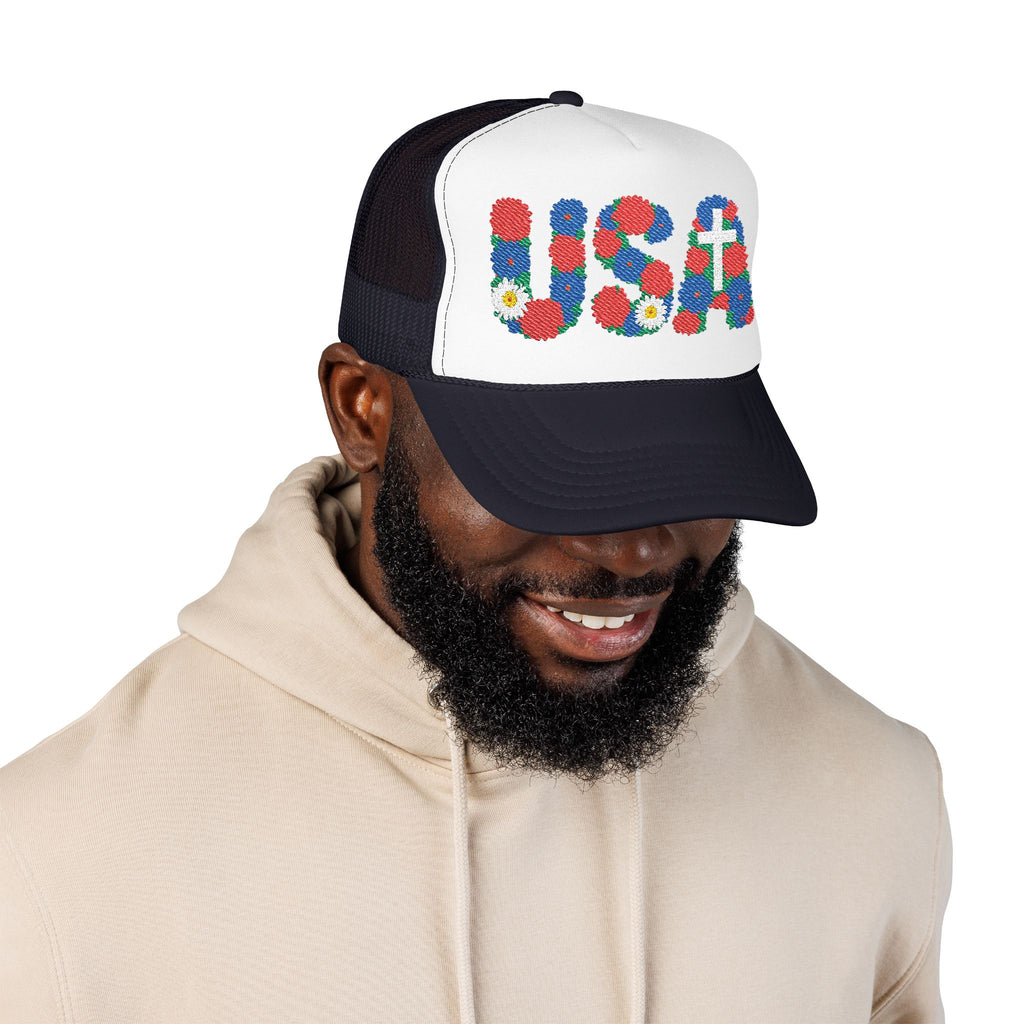 USA Floral Cross Trucker Hat