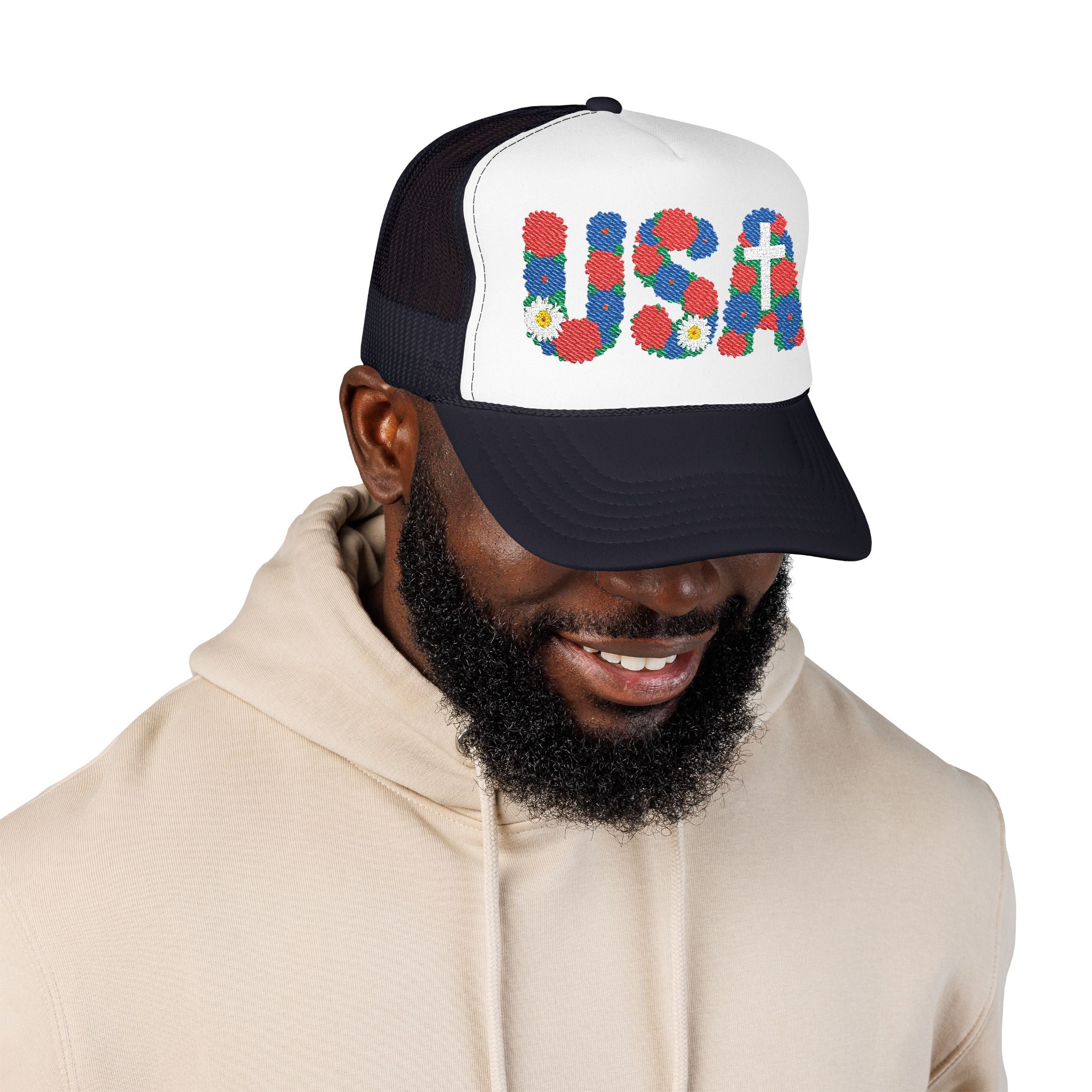 USA Floral Cross Trucker Hat
