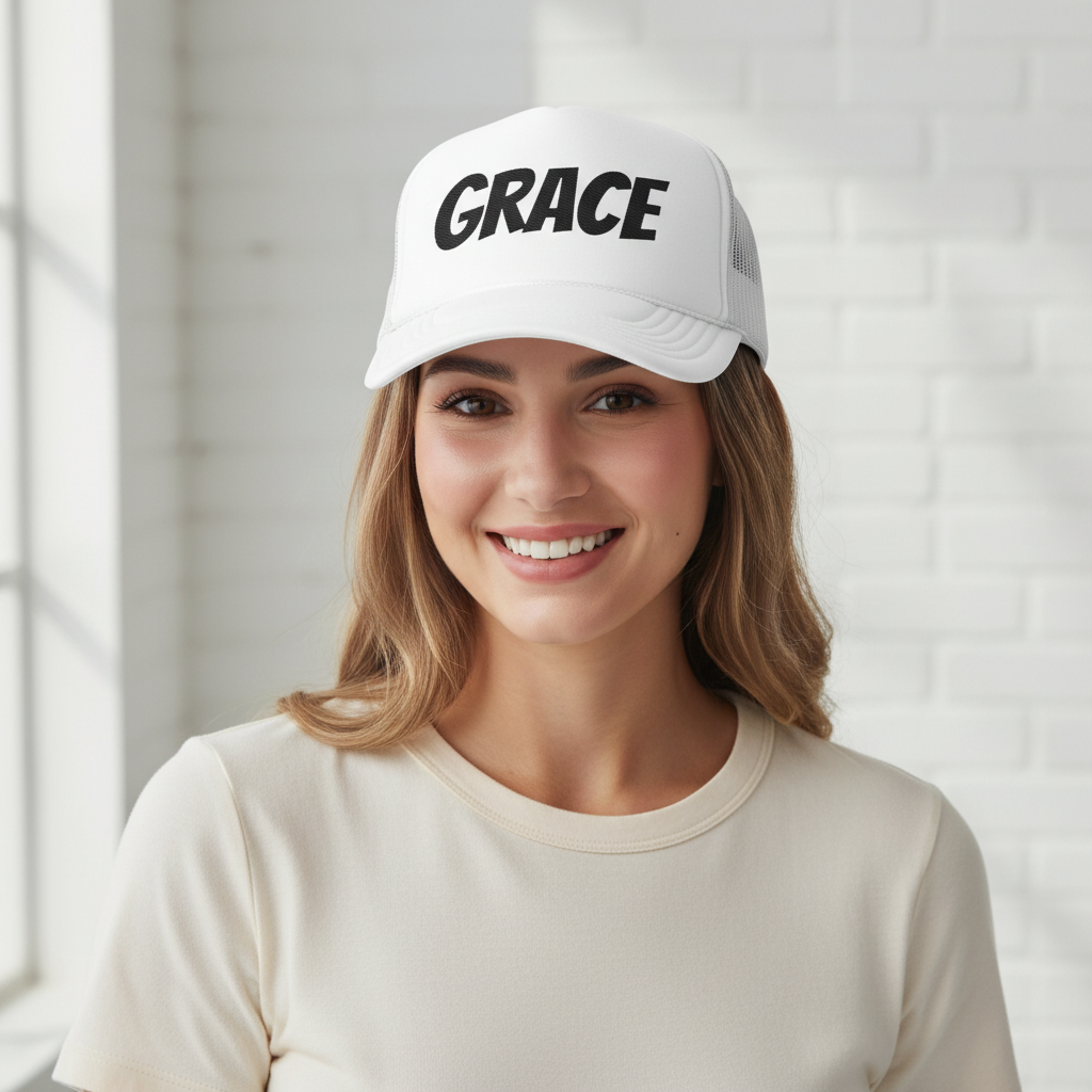 Grace Trucker Hat — Embroidered Script Foam Cap