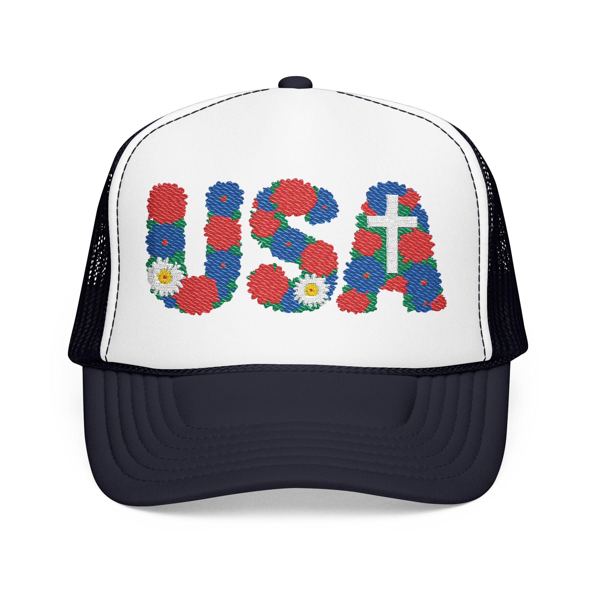 USA Floral Cross Trucker Hat