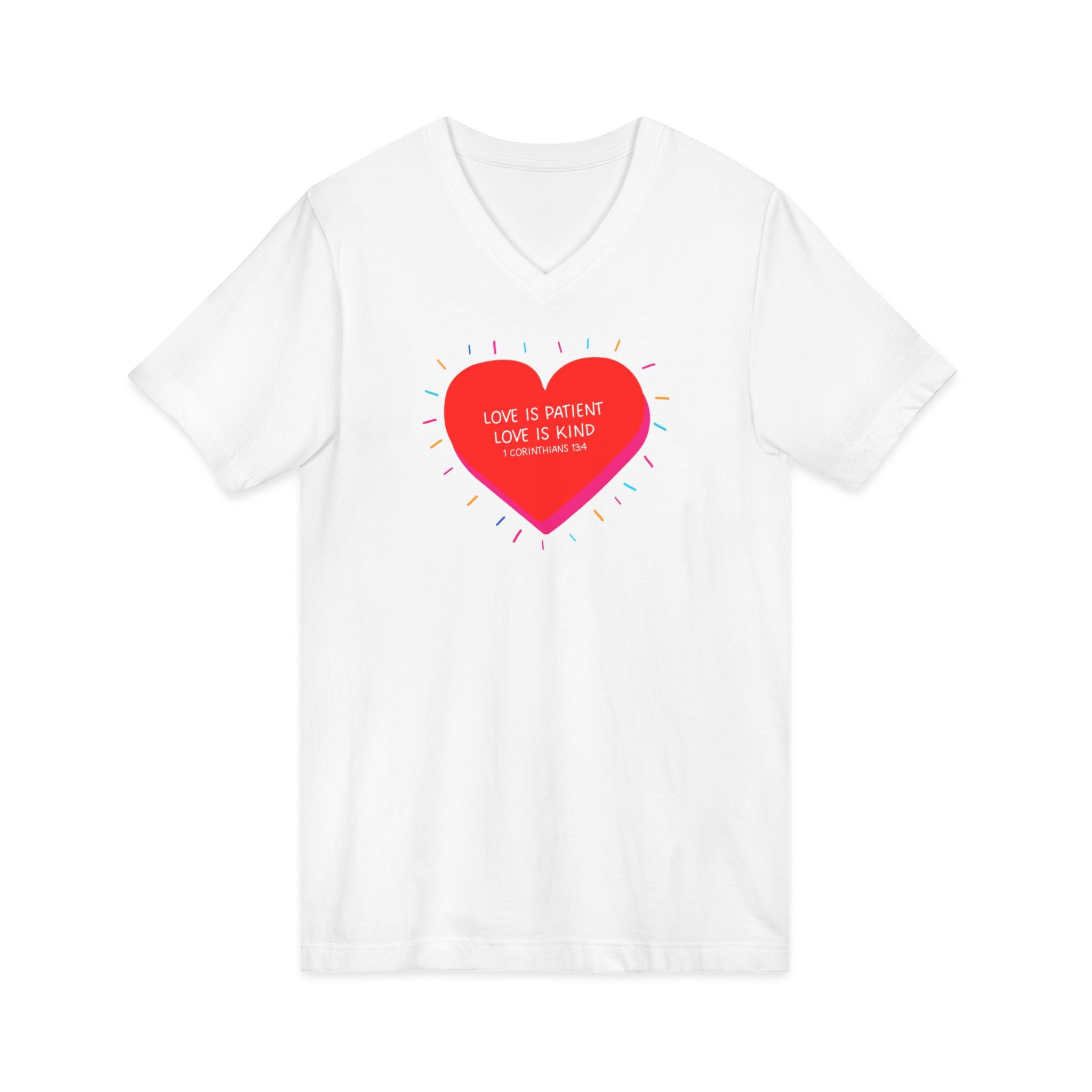 Love Is Patient Heart V-Neck Tee — 1 Corinthians 13 Inspirational Christian T-Shirt